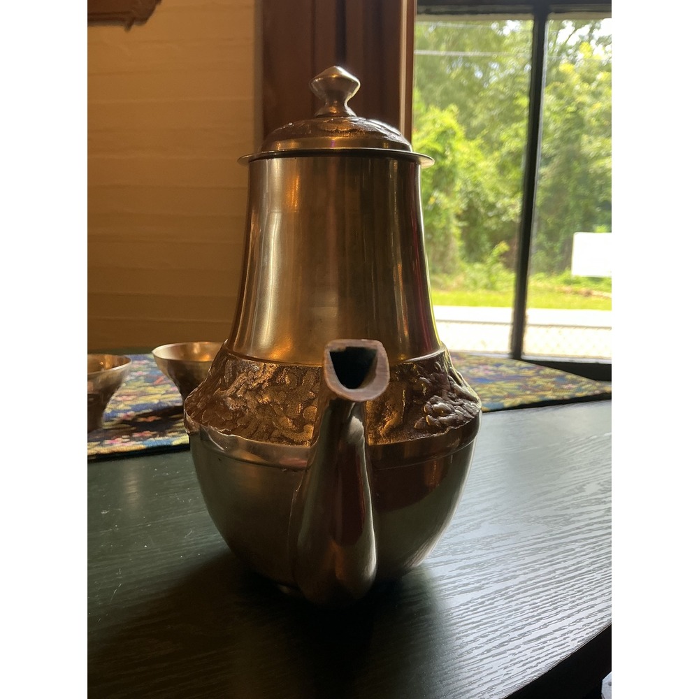 Vintage Brass Tea Coffee Pot Set with 2 Leaf Handle Cups Embossed Floral Pattern - Picture 4 of 16